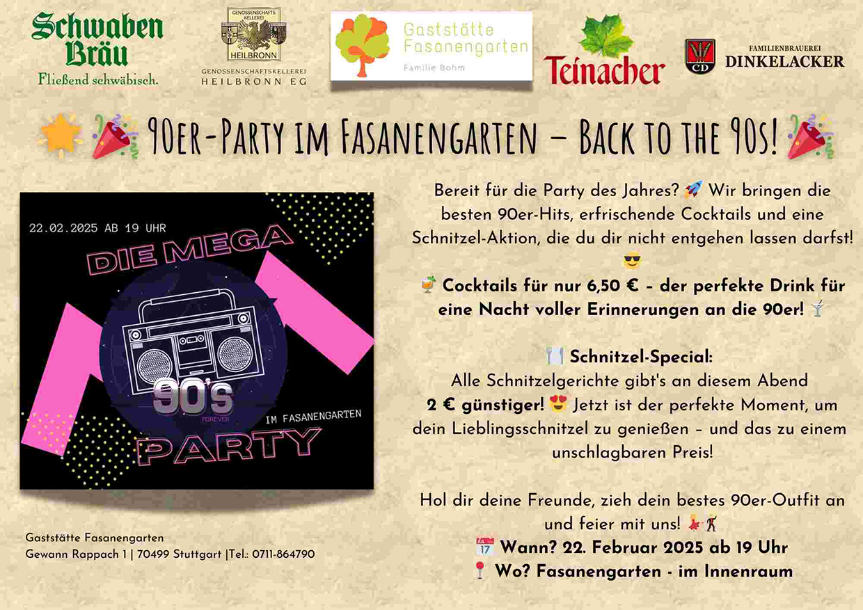 90ER-PARTY IM FASANENGARTEN - BACK TO THE 90S!
